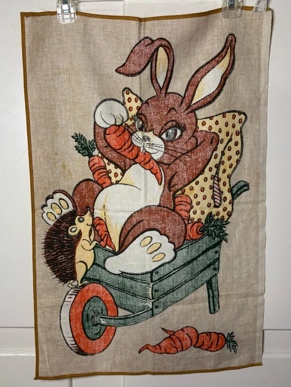 Vintage 70s Kitschy Rabbit Hedgehog Cotton Tea Towel